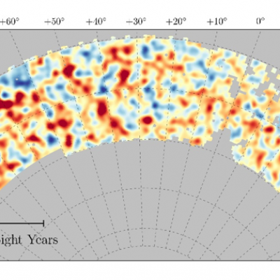 Map of dark matter made from gravitational lensing measurements of 26 million galaxies in the Dark Energy Survey. 